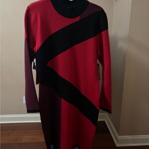NWT  Karl Lagerfeld Red, Black & Burgundy Colorblock Turtleneck Knit Dress
